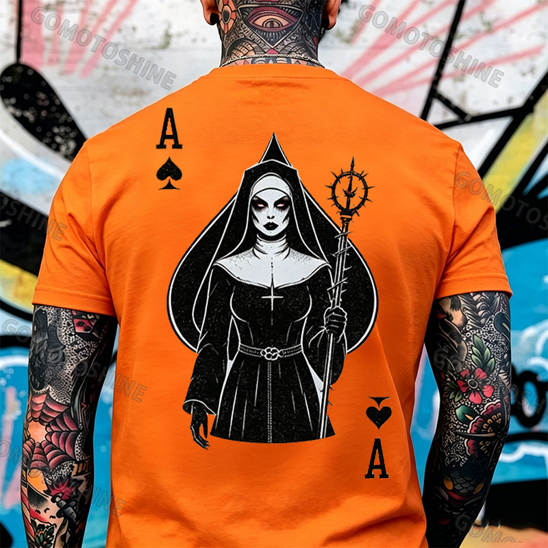 Poker Ace of Spades Full Body Figure Gothic Nun Print Men's T-shirt