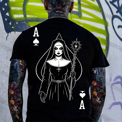 Poker Ace of Spades Full Body Figure Gothic Nun Print Men's T-shirt
