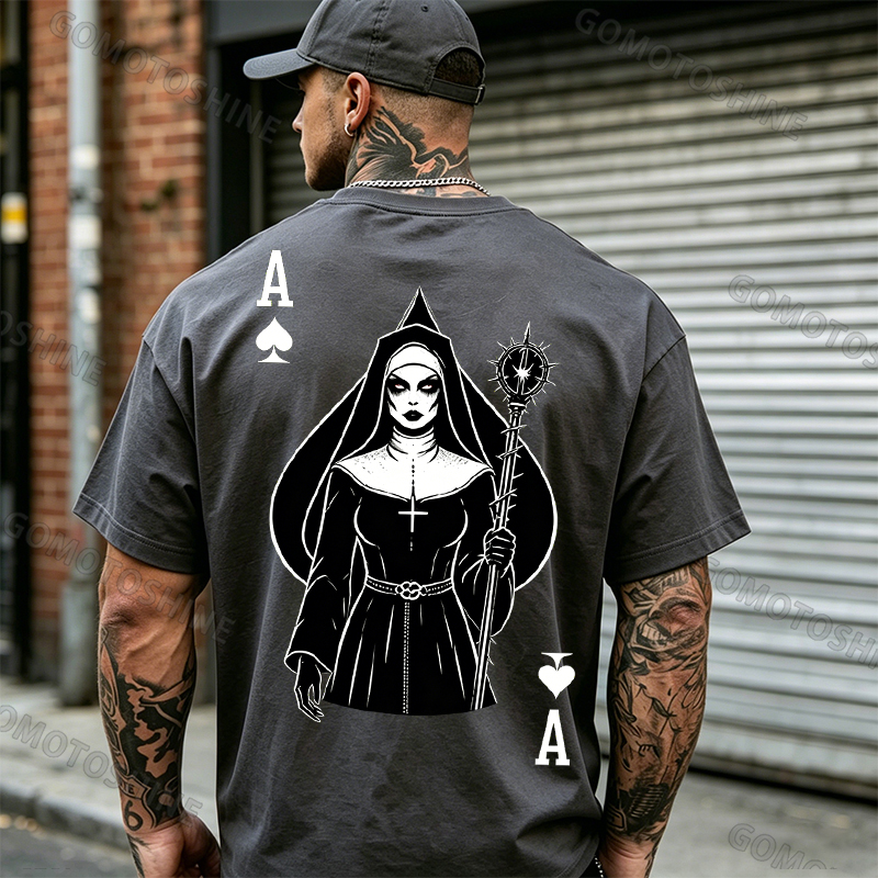 Poker Ace of Spades Full Body Figure Gothic Nun Print Men's T-shirt