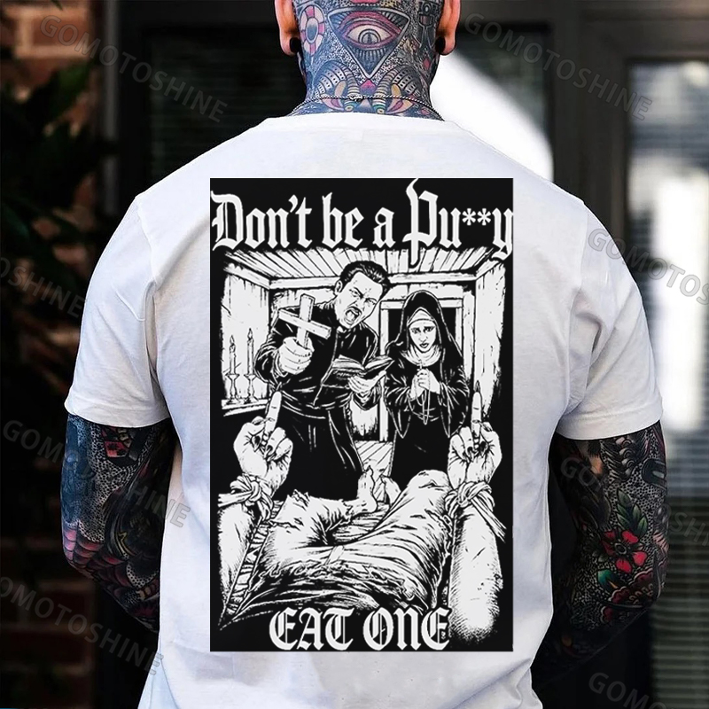 Don't be a Pu**y EAT ONE Priest and Nun Print Men's T-shirt Image - 4