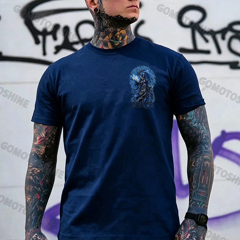 DEATH Grim Reaper Blue Hellfire Print Men's T-shirt Image - 4