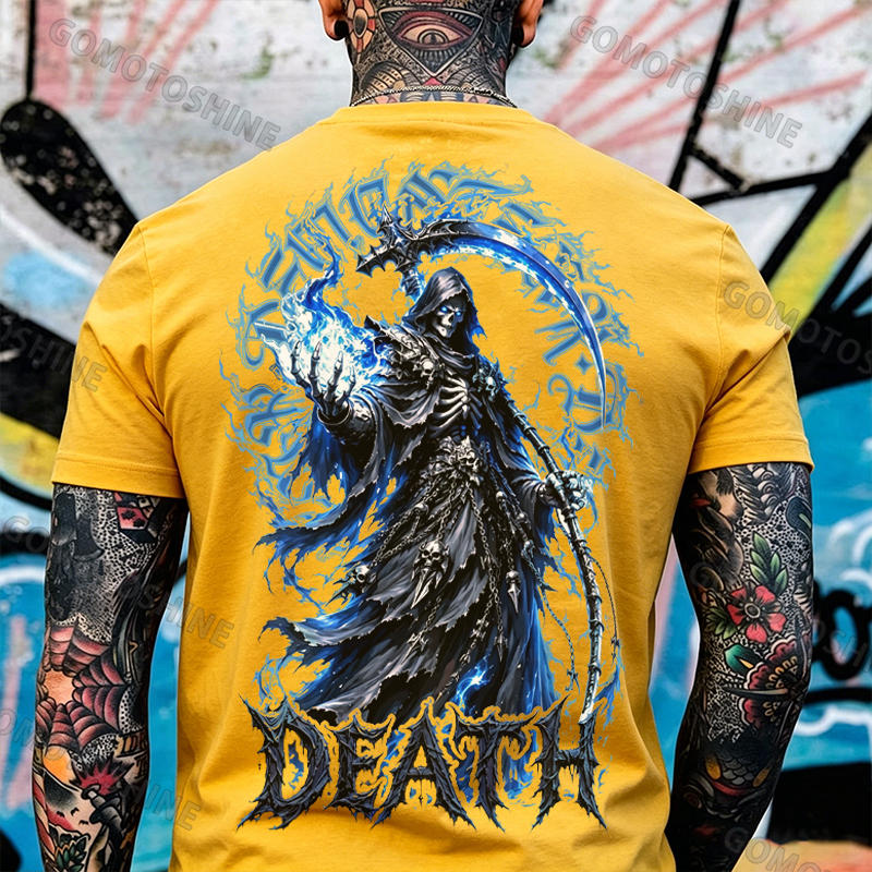DEATH Grim Reaper Blue Hellfire Print Men's T-shirt Image - 11