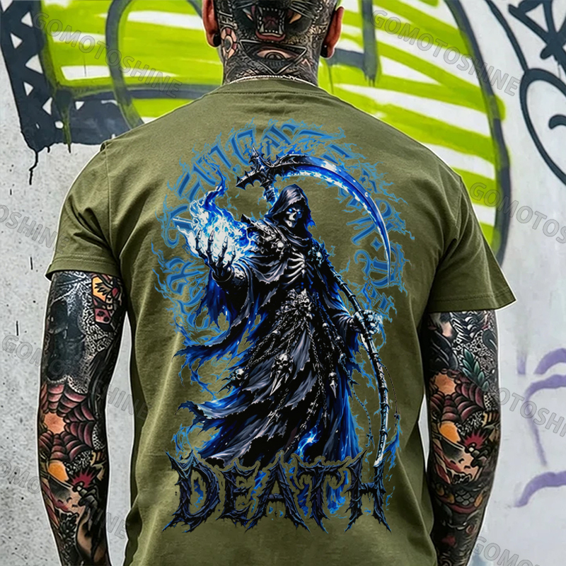 DEATH Grim Reaper Blue Hellfire Print Men's T-shirt Image - 15