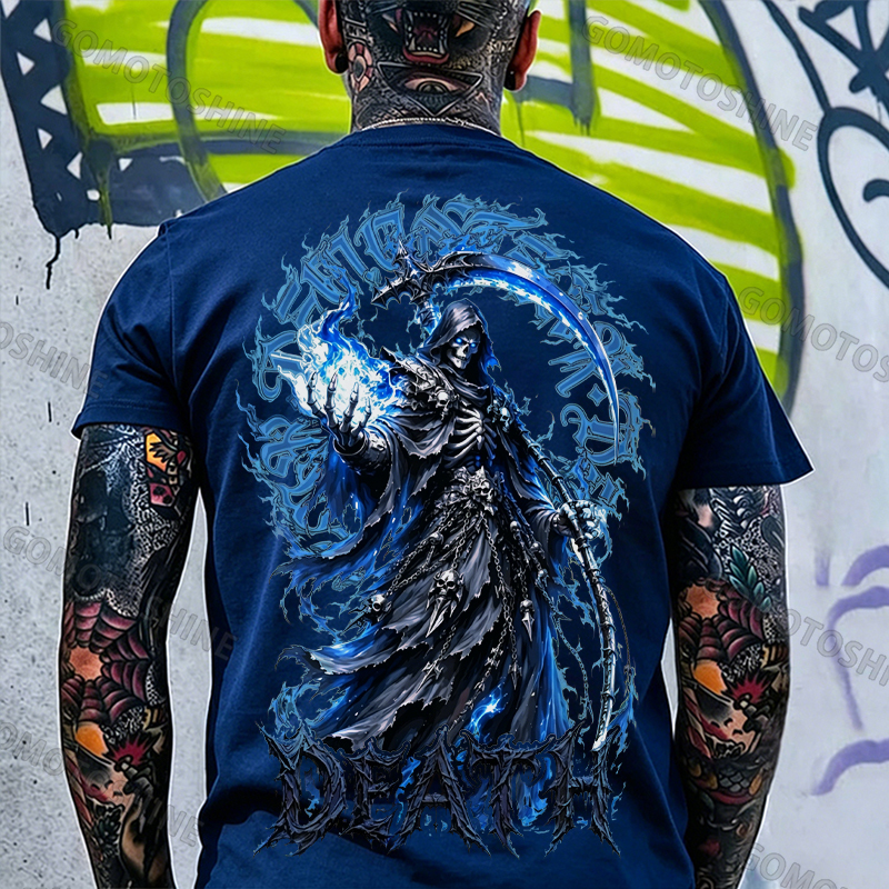 DEATH Grim Reaper Blue Hellfire Print Men's T-shirt Image - 19