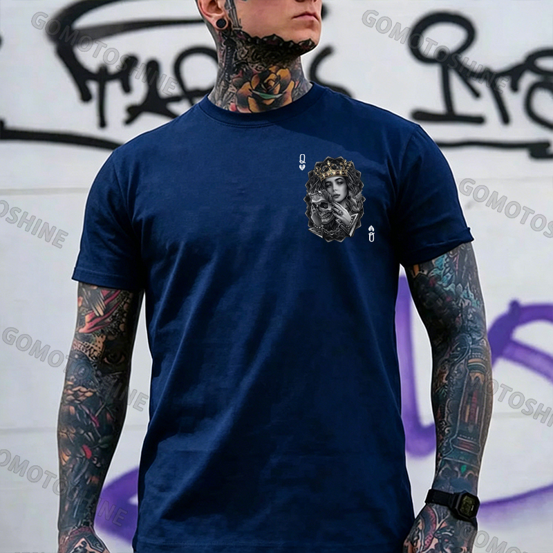 Poker Queen of Spades Demonic Skull Print Men's T-shirt Image - 4