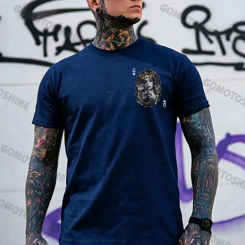 Poker Queen of Spades Demonic Skull Print Men's T-shirt Image - 4