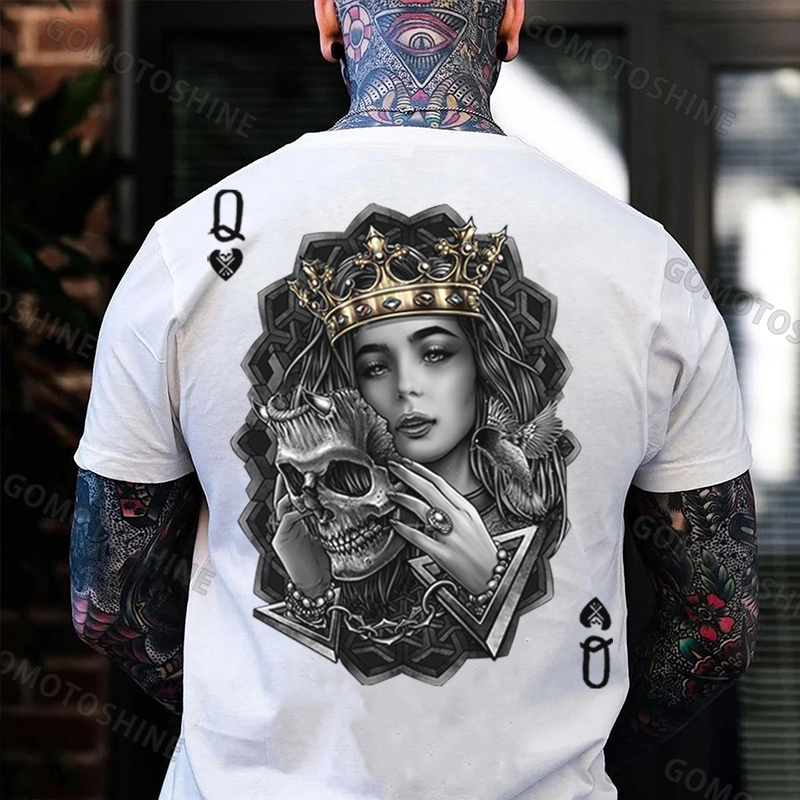 Poker Queen of Spades Demonic Skull Print Men's T-shirt Image - 6