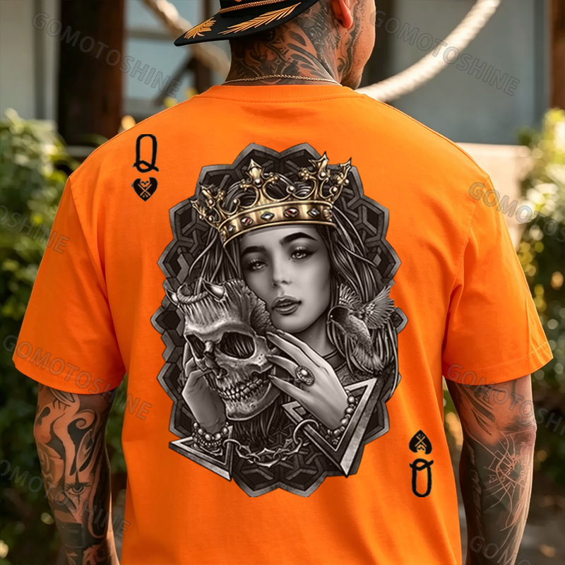Poker Queen of Spades Demonic Skull Print Men's T-shirt Image - 7