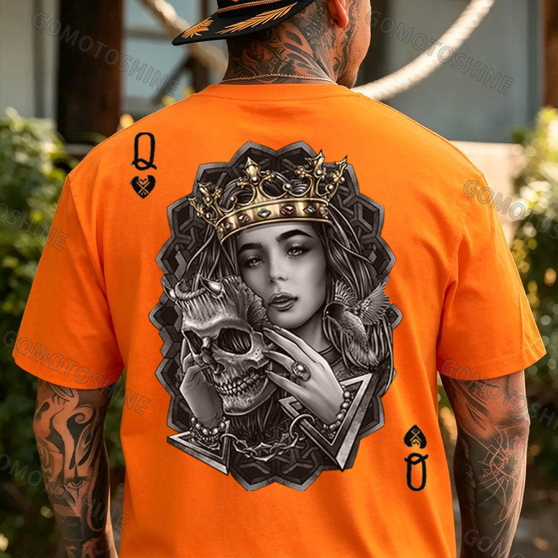 Poker Queen of Spades Demonic Skull Print Men's T-shirt Image - 7