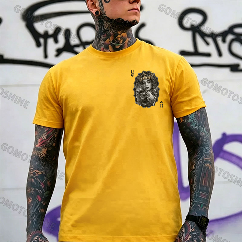 Poker Queen of Spades Demonic Skull Print Men's T-shirt Image - 9