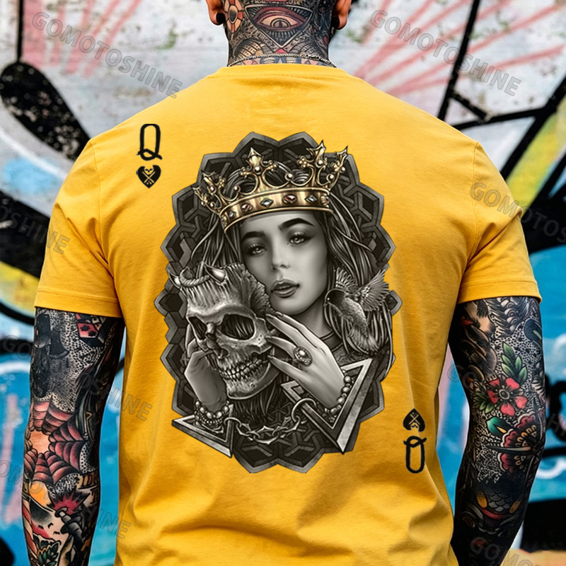 Poker Queen of Spades Demonic Skull Print Men's T-shirt Image - 11