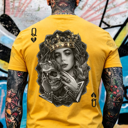 Poker Queen of Spades Demonic Skull Print Men's T-shirt Image - 11