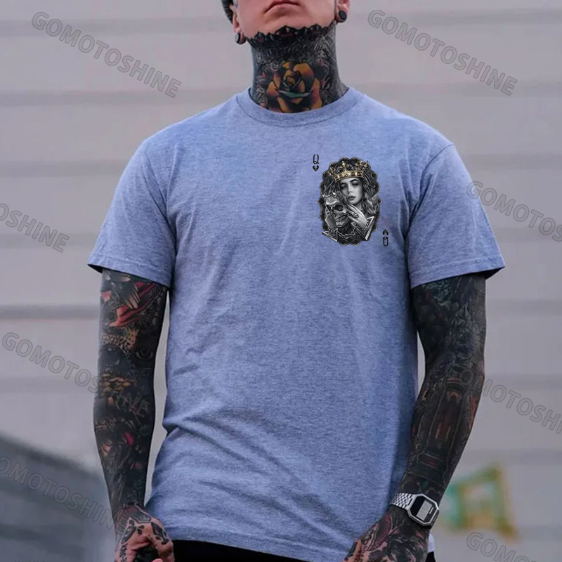 Poker Queen of Spades Demonic Skull Print Men's T-shirt Image - 10