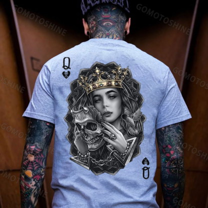 Poker Queen of Spades Demonic Skull Print Men's T-shirt Image - 12