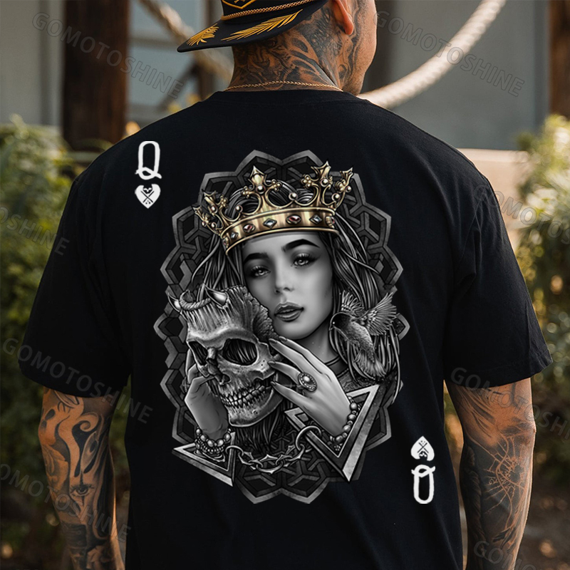 Poker Queen of Spades Demonic Skull Print Men's T-shirt Image - 1