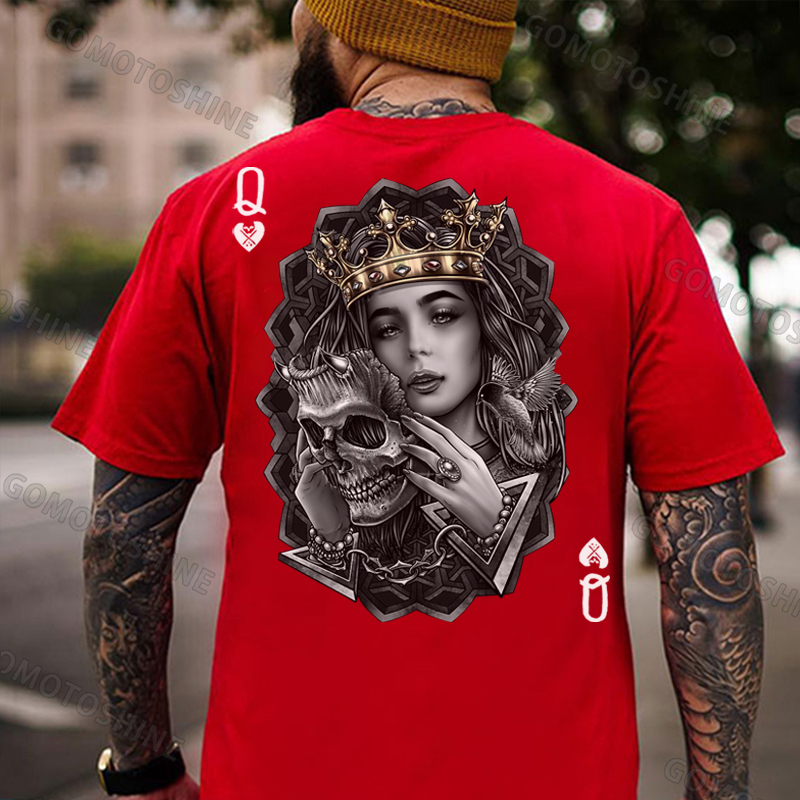 Poker Queen of Spades Demonic Skull Print Men's T-shirt Image - 13