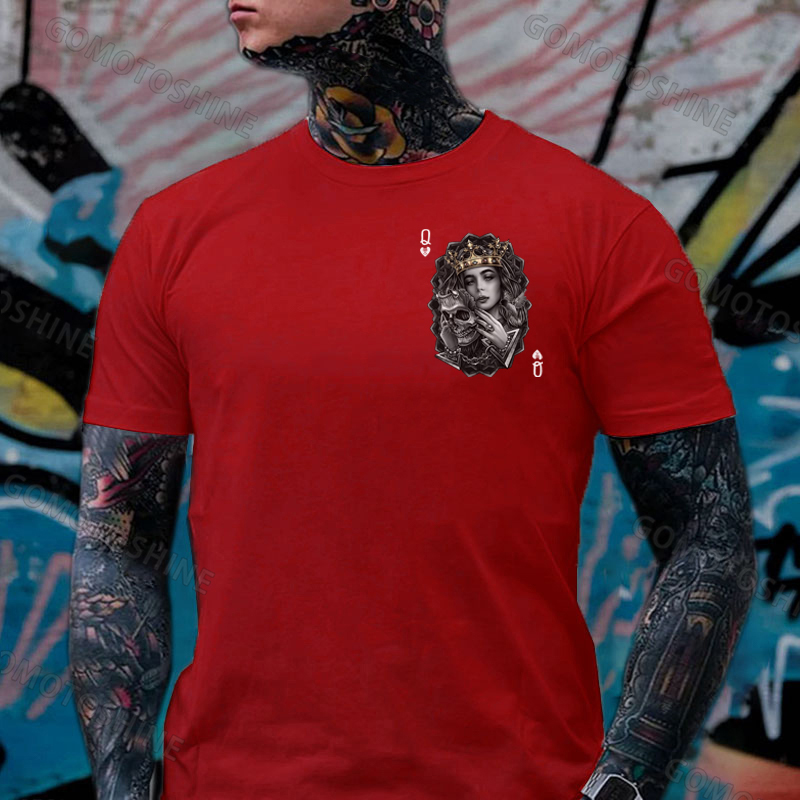Poker Queen of Spades Demonic Skull Print Men's T-shirt Image - 15