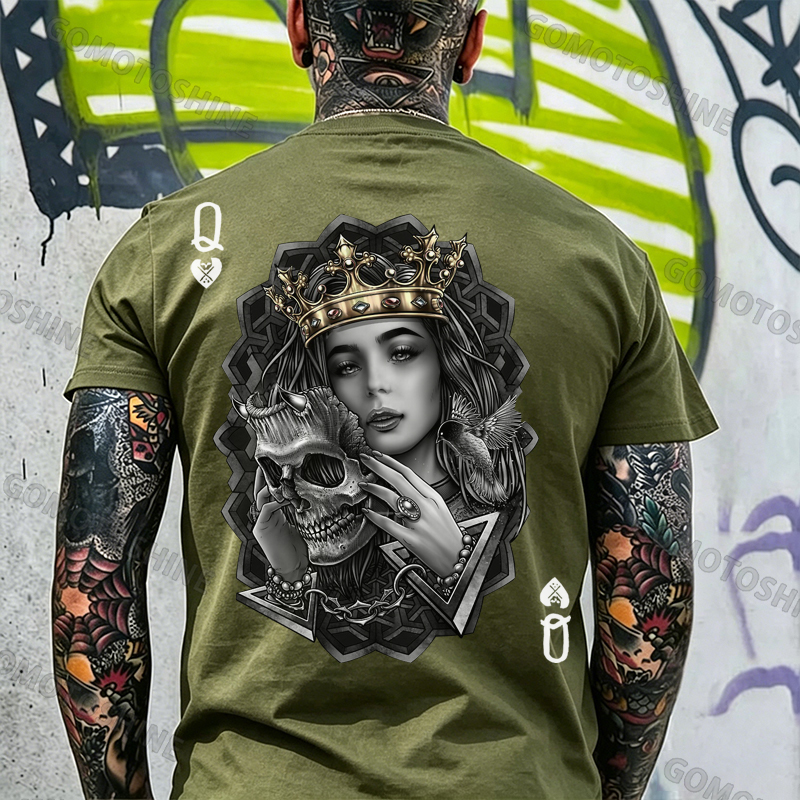 Poker Queen of Spades Demonic Skull Print Men's T-shirt Image - 18