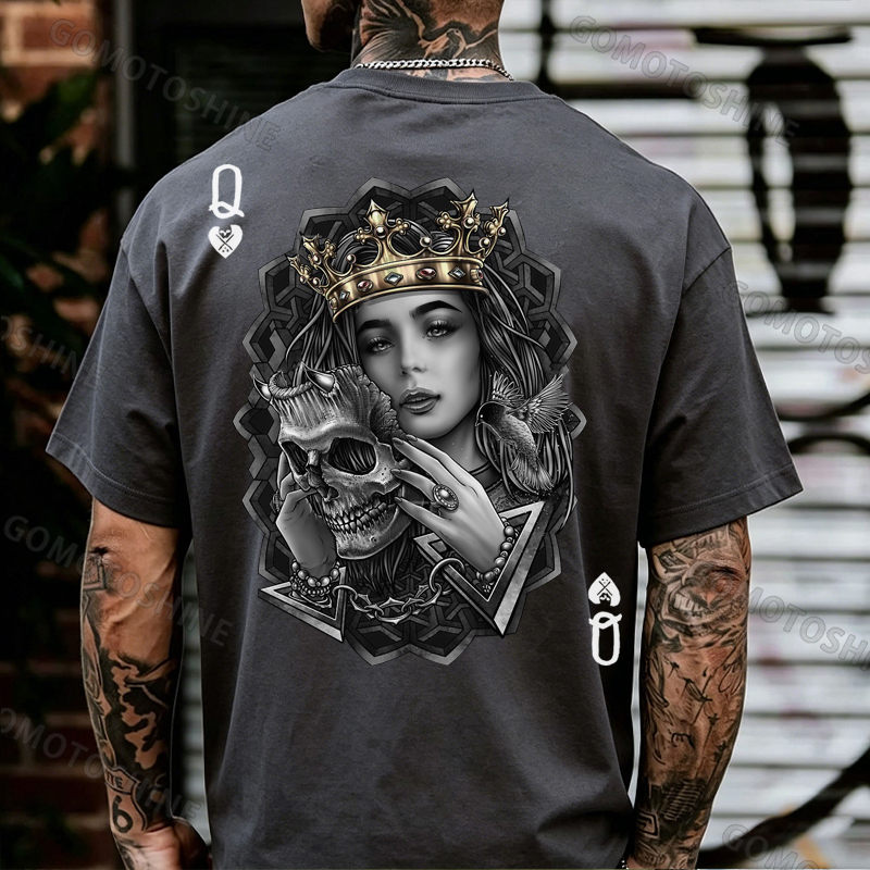 Poker Queen of Spades Demonic Skull Print Men's T-shirt Image - 16