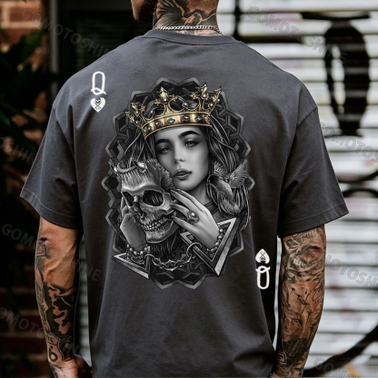 Poker Queen of Spades Demonic Skull Print Men's T-shirt Image - 16