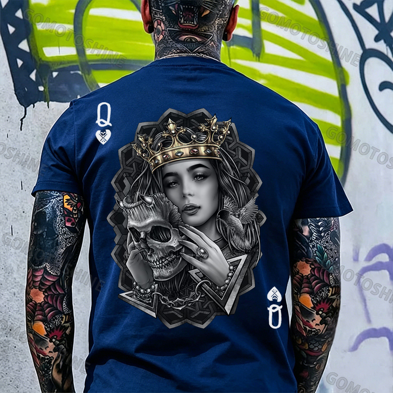 Poker Queen of Spades Demonic Skull Print Men's T-shirt Image - 19