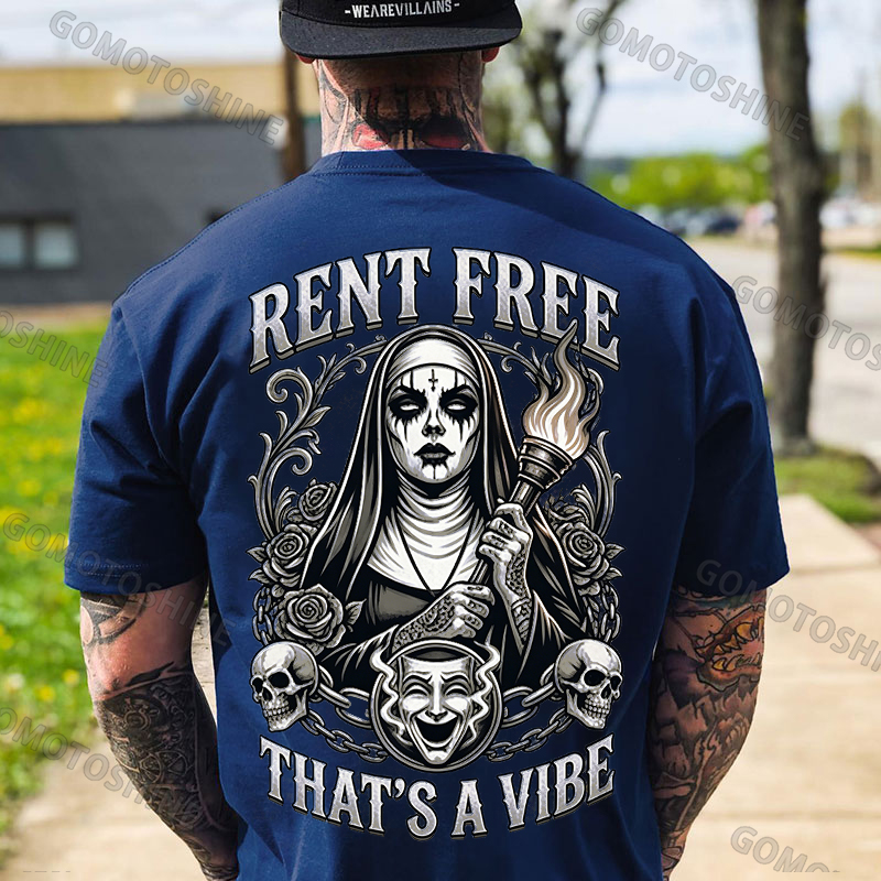 RENT FREE THAT'S A VIBE Torch Dark Nun Smiley Face Mask Print Men's T-shirt Image - 2
