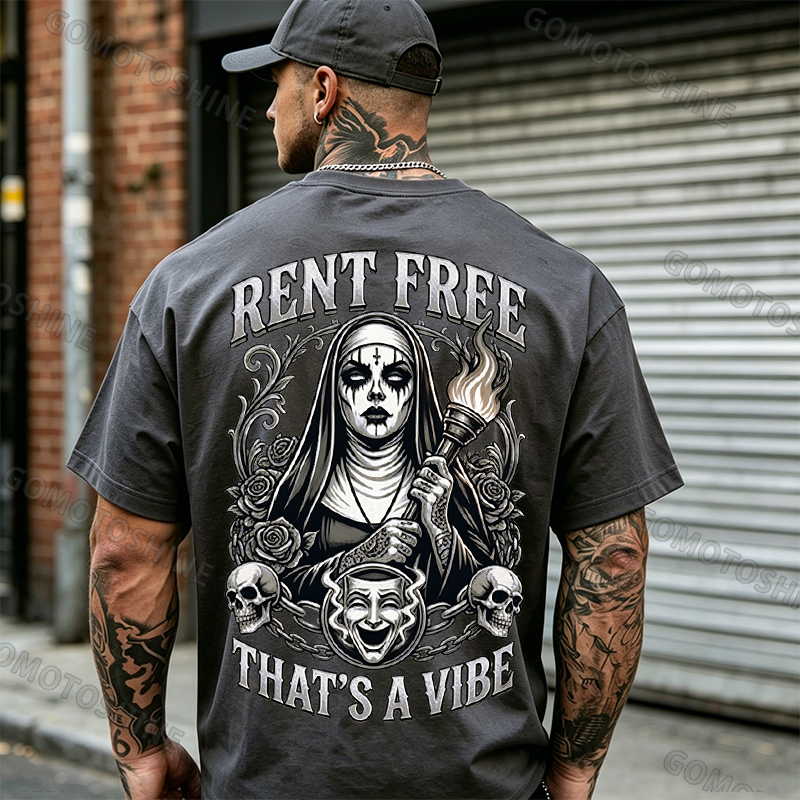 RENT FREE THAT'S A VIBE Torch Dark Nun Smiley Face Mask Print Men's T-shirt Image - 4