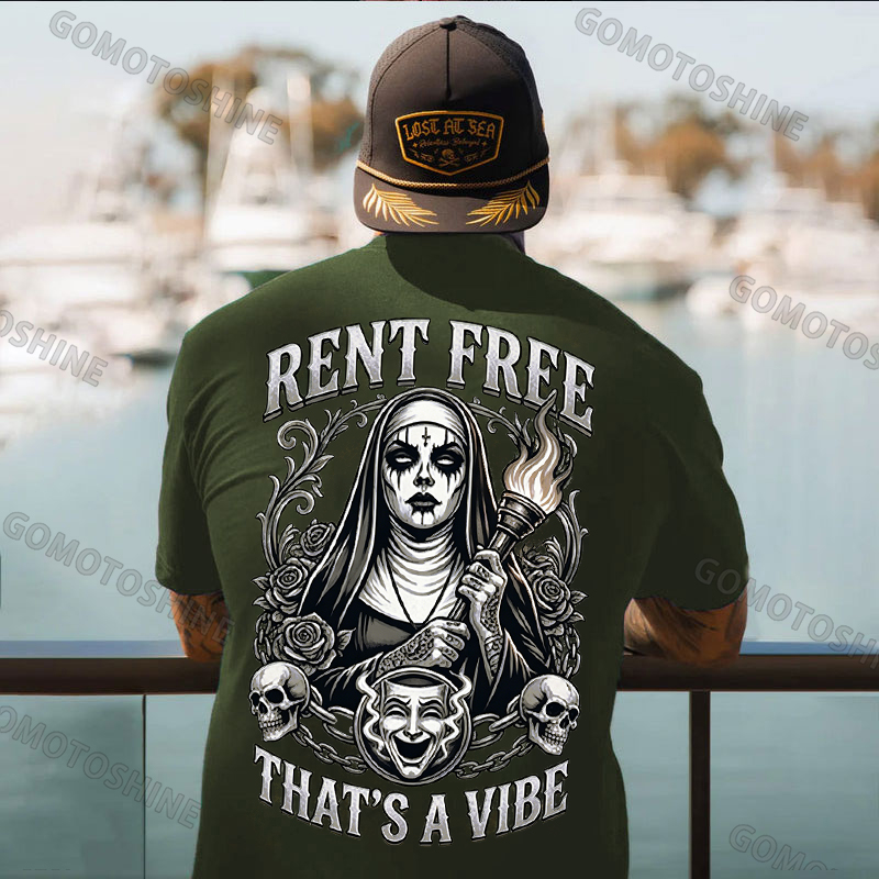 RENT FREE THAT'S A VIBE Torch Dark Nun Smiley Face Mask Print Men's T-shirt Image - 3