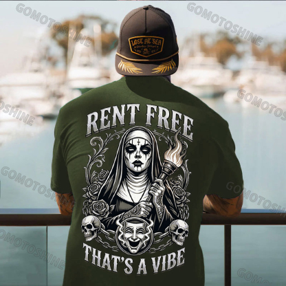 RENT FREE THAT'S A VIBE Torch Dark Nun Smiley Face Mask Print Men's T-shirt Image - 3