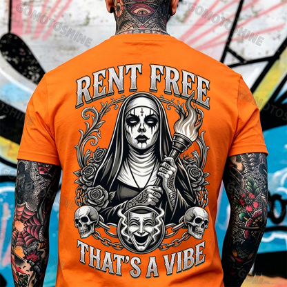 RENT FREE THAT'S A VIBE Torch Dark Nun Smiley Face Mask Print Men's T-shirt Image - 5