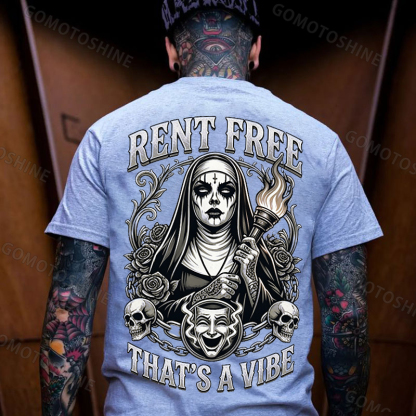 RENT FREE THAT'S A VIBE Torch Dark Nun Smiley Face Mask Print Men's T-shirt Image - 8