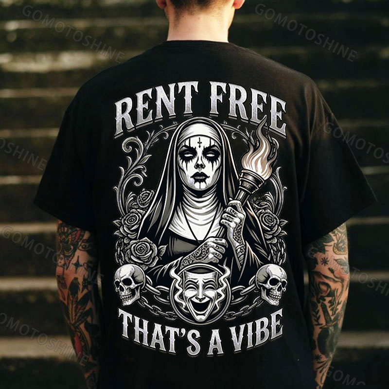 RENT FREE THAT'S A VIBE Torch Dark Nun Smiley Face Mask Print Men's T-shirt Image - 1
