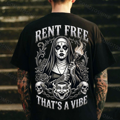 RENT FREE THAT'S A VIBE Torch Dark Nun Smiley Face Mask Print Men's T-shirt Image - 1