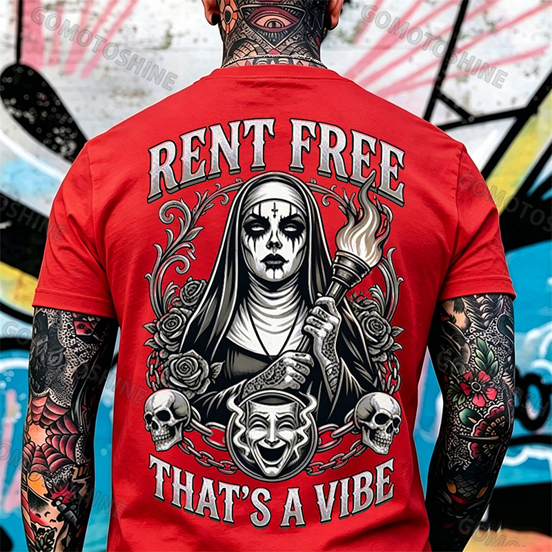 RENT FREE THAT'S A VIBE Torch Dark Nun Smiley Face Mask Print Men's T-shirt Image - 9