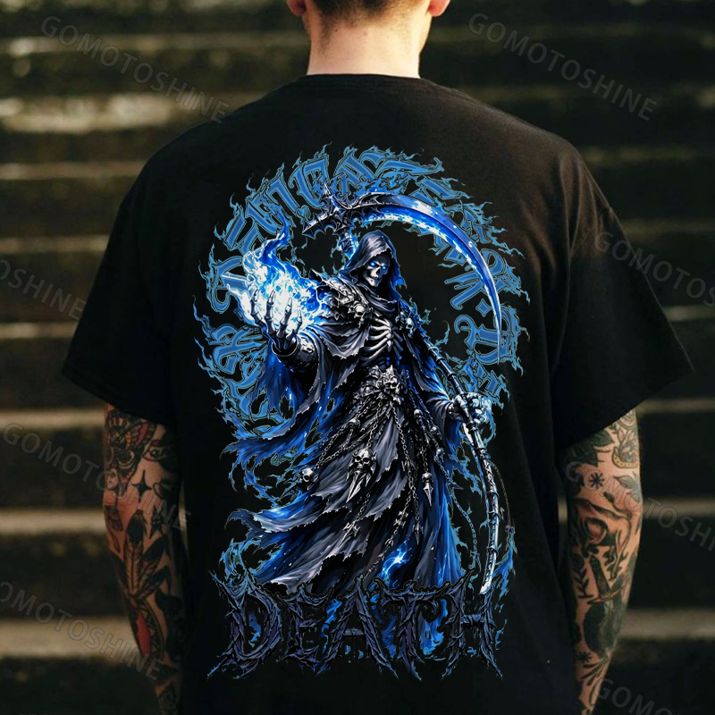 DEATH Grim Reaper Blue Hellfire Print Men's T-shirt Image - 3