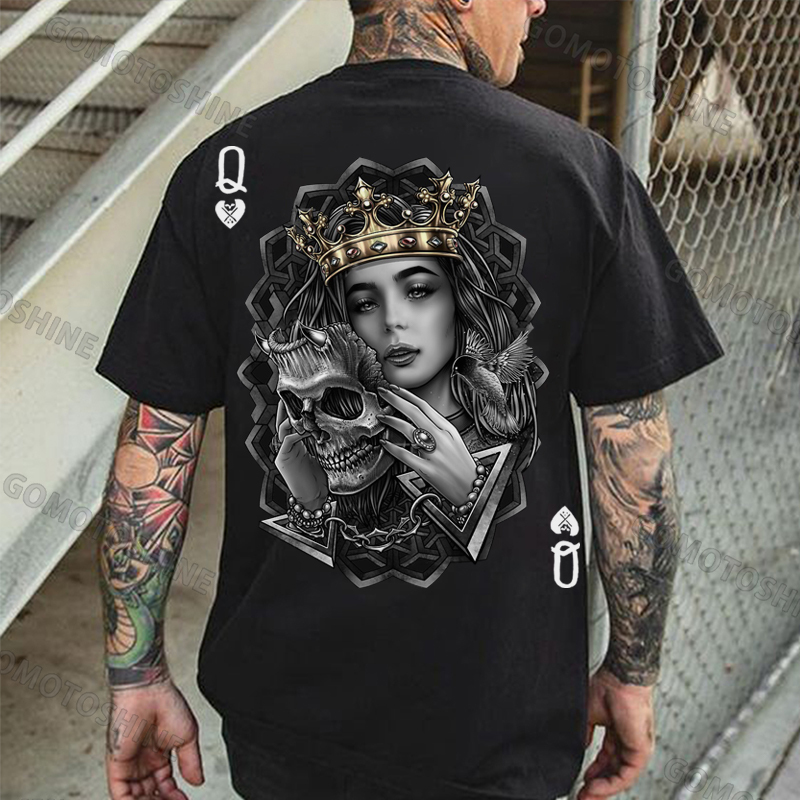 Poker Queen of Spades Demonic Skull Print Men's T-shirt Image - 3