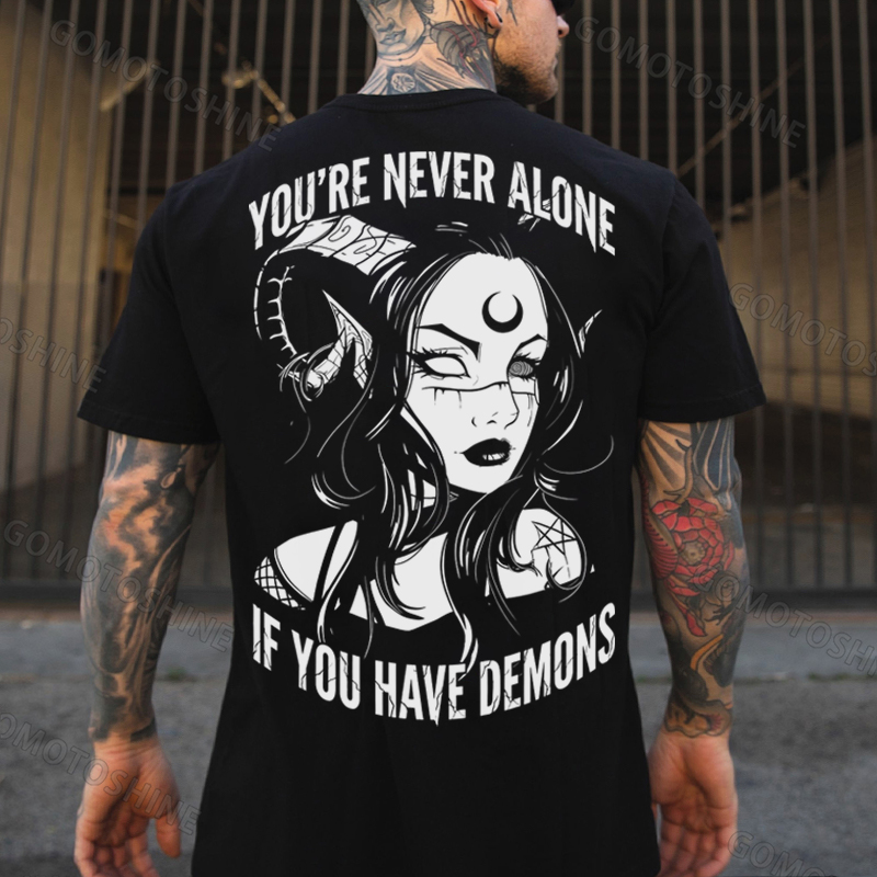 YOU'RE NEVER ALONE IF YOU HAVE DEMONS Black Witch with Ram’s Horns  Print Men's T-shirt Image - 3