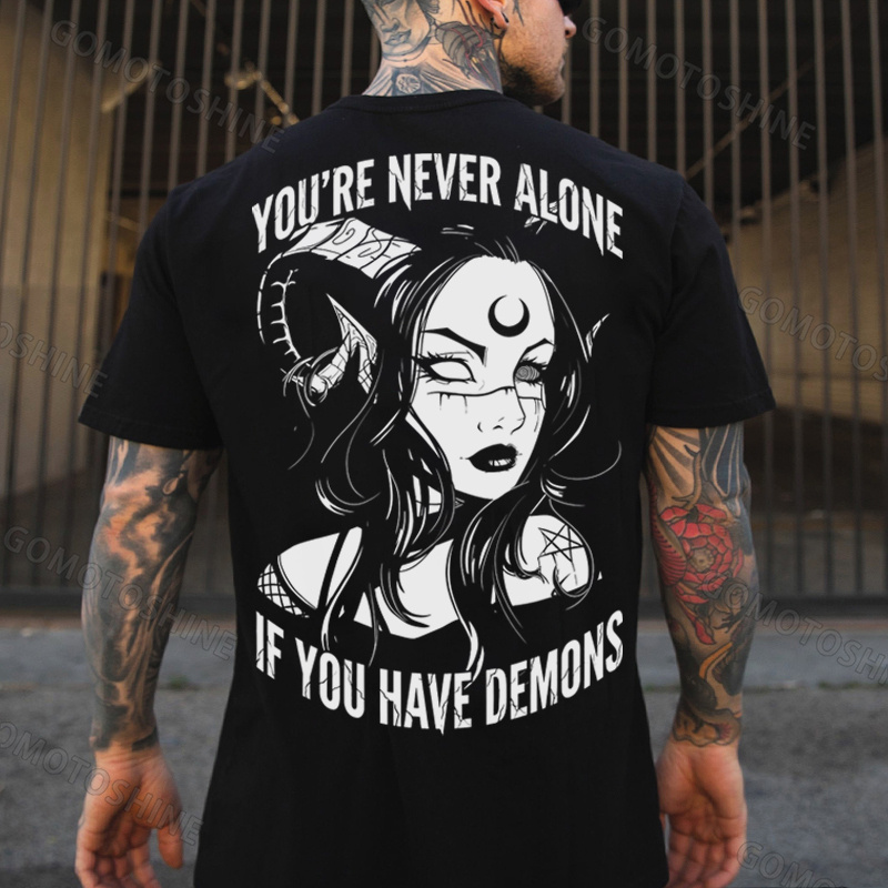 YOU'RE NEVER ALONE IF YOU HAVE DEMONS Black Witch with Ram’s Horns  Print Men's T-shirt Image - 3