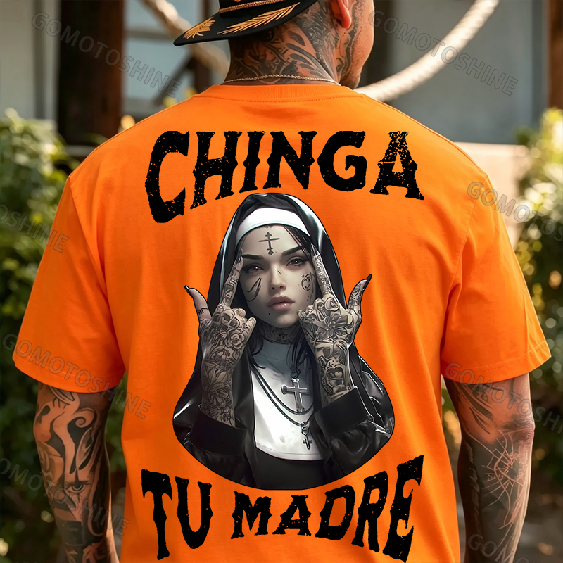 CHINGA TU MADRE Defiant Nun Print Men's T-Shirt Image - 7