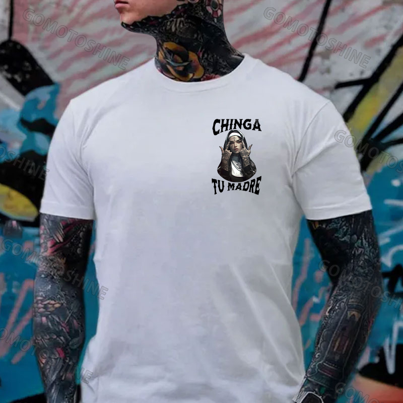 CHINGA TU MADRE Defiant Nun Print Men's T-Shirt Image - 13