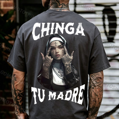 CHINGA TU MADRE Defiant Nun Print Men's T-Shirt Image - 15