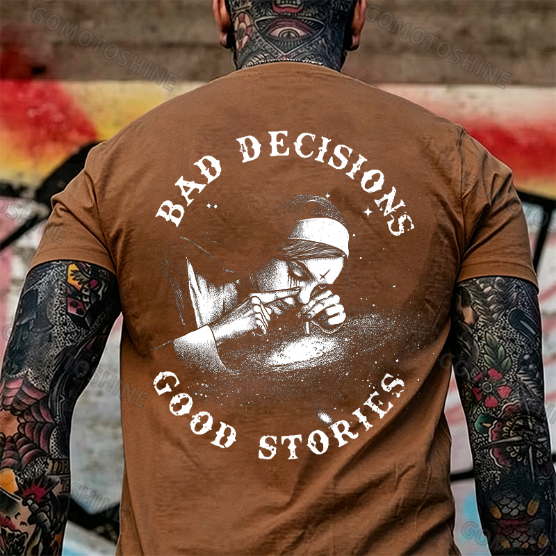 BAD DECISIONS GOOD STORIES Nun Smoking Black Print T-Shirt Image - 30