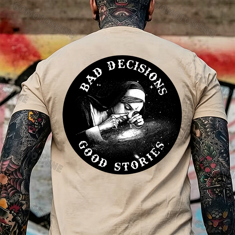 BAD DECISIONS GOOD STORIES Nun Smoking Black Print T-Shirt Image - 34