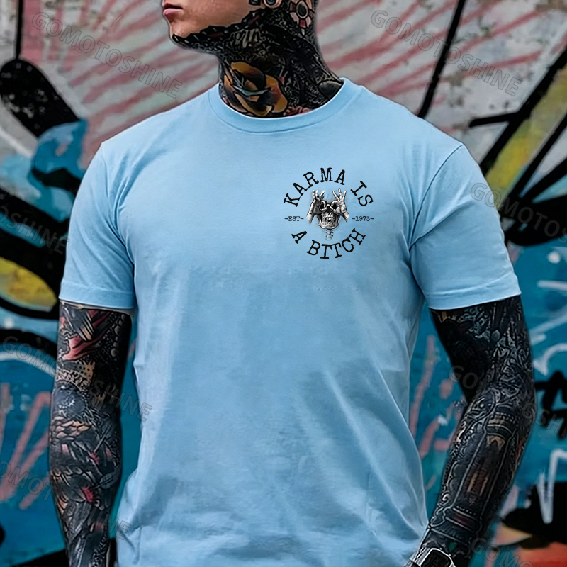 KARMA IS A BITCH Skull With OK Print Men's T-Shirt Image - 18