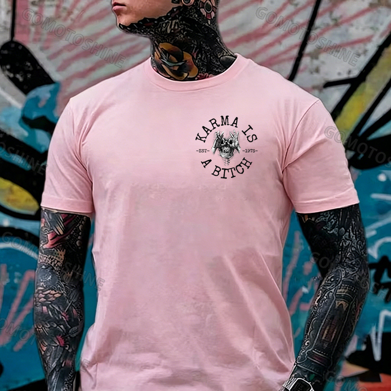 KARMA IS A BITCH Skull With OK Print Men's T-Shirt Image - 25