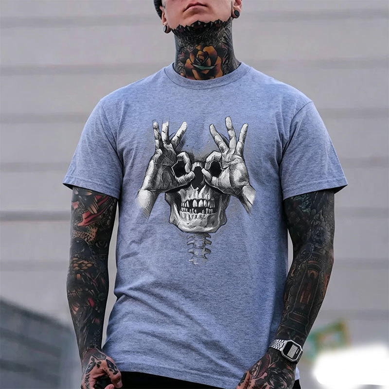 Skull with OK Pattern Graphic Casual Black Print T-shirt Image - 10