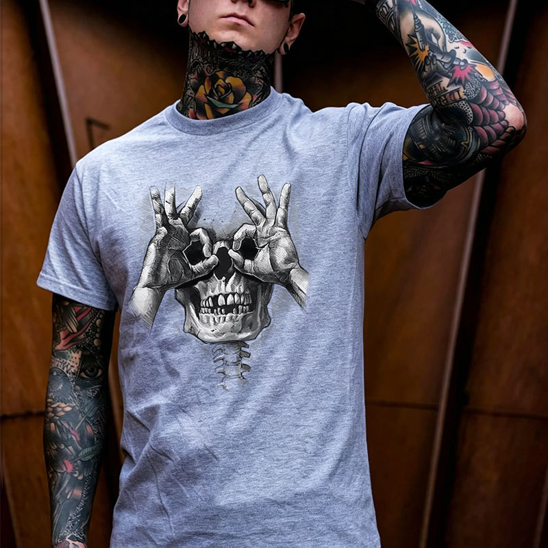 Skull with OK Pattern Graphic Casual Black Print T-shirt Image - 9