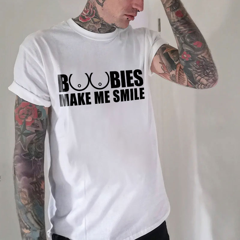 BOOBIES MAKE ME SMILE Graphic Black Print Men's T-shirt Image - 3
