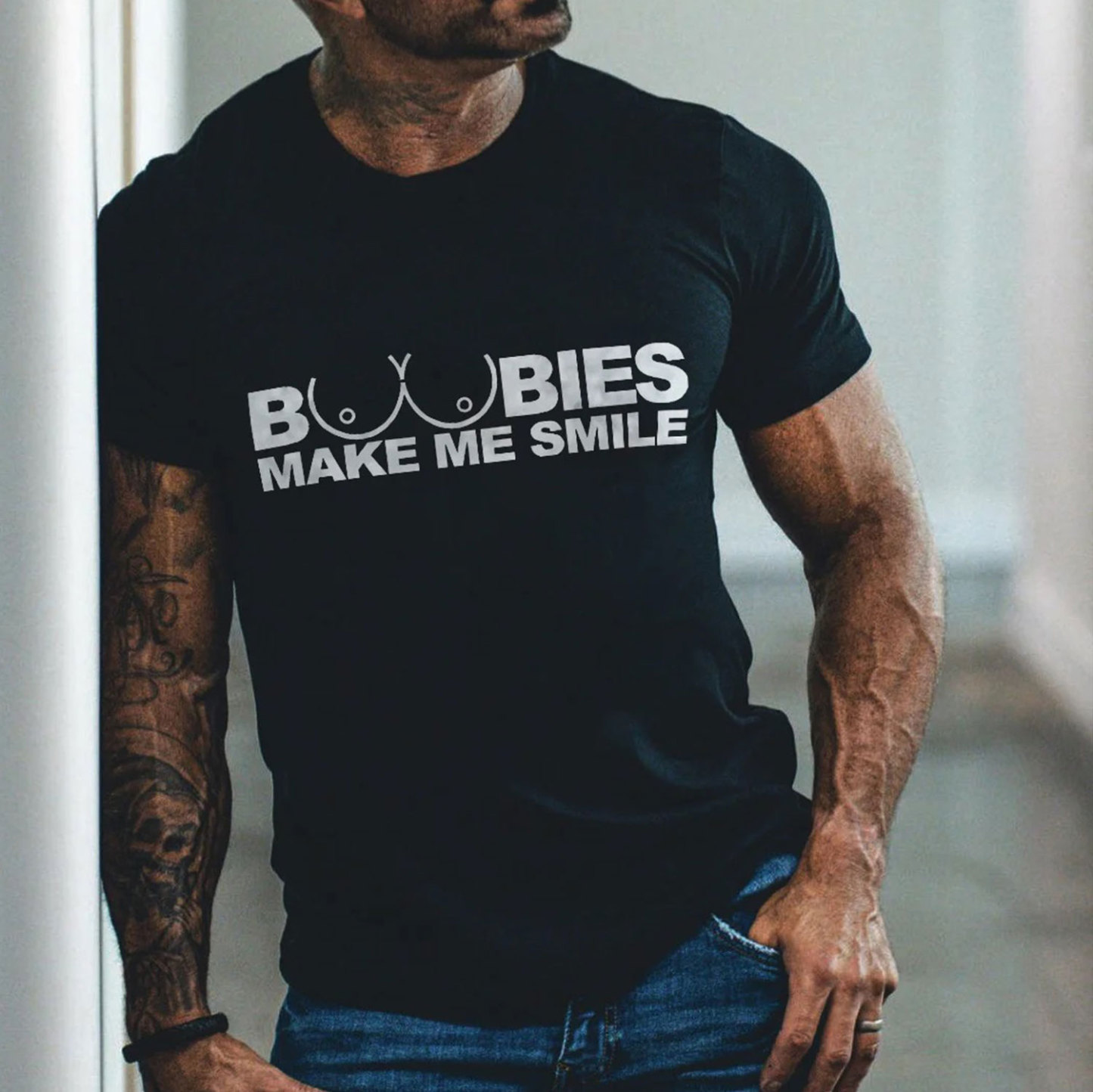 BOOBIES MAKE ME SMILE Graphic Black Print Men's T-shirt Image - 8