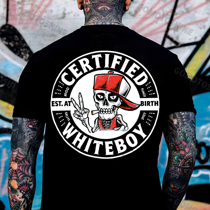 CERTIFIED WHITEBOY EST. AT BIRTH Skull with Peace Sign Print Men's T-shirt Image - 1